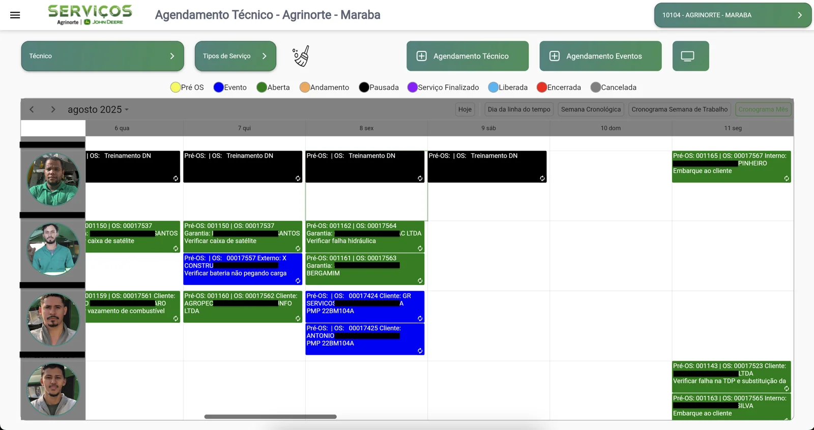 Agenda de técnicos do sistema de Agendamento Técnico da Agrinorte