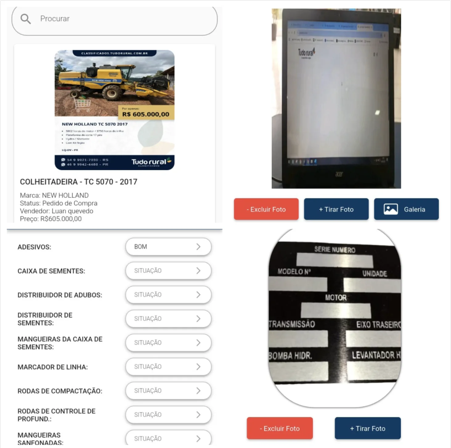 Telas do aplicativo de vistorias: checklist da máquina e fotos